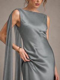 Burgundy Satin Mermaid Cape Maxi Dress