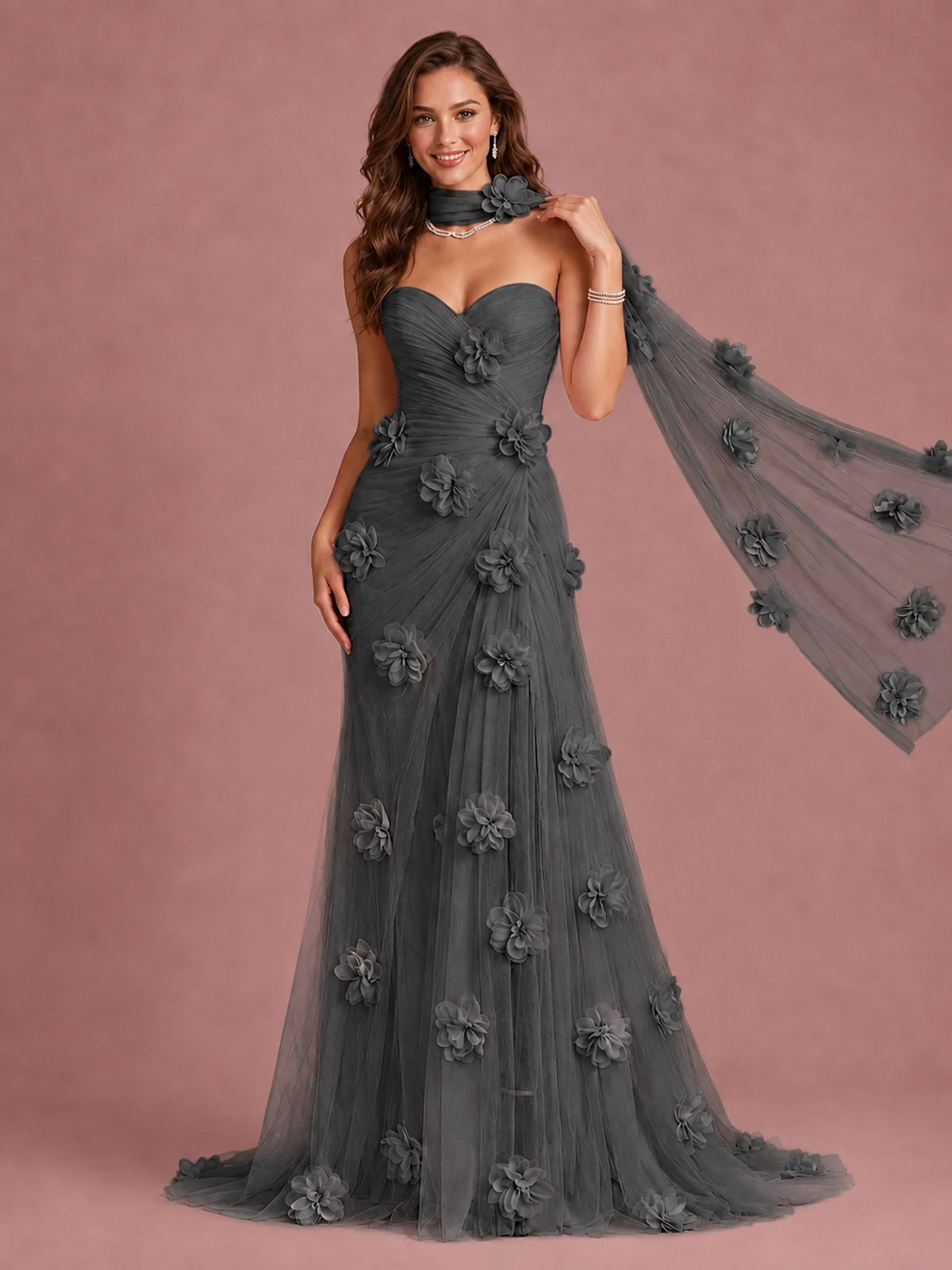 Blush Pink Strapless Sweetheart 3D Floral Tulle Mermaid Prom Dress