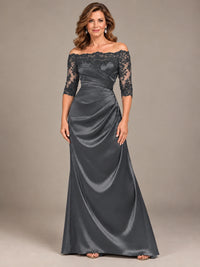 Satin Mother of the Bride Dress with Lace Sleeves Off Shoulder Formal Gown