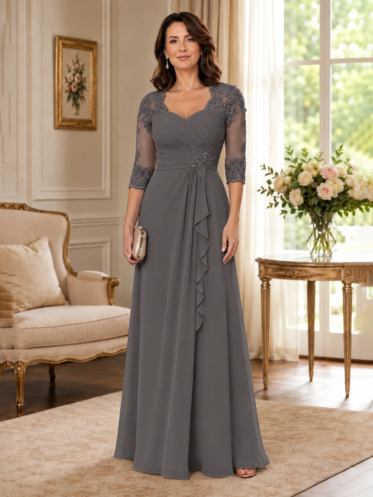Chiffon Lace Applique Mother of the Bride Dress with 3/4 Sleeves