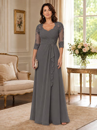 Chiffon Lace Applique Mother of the Bride Dress with 3/4 Sleeves