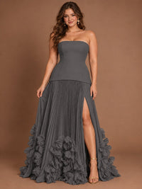 Strapless Pleated Floral Satin Formal Dress with Side Slit