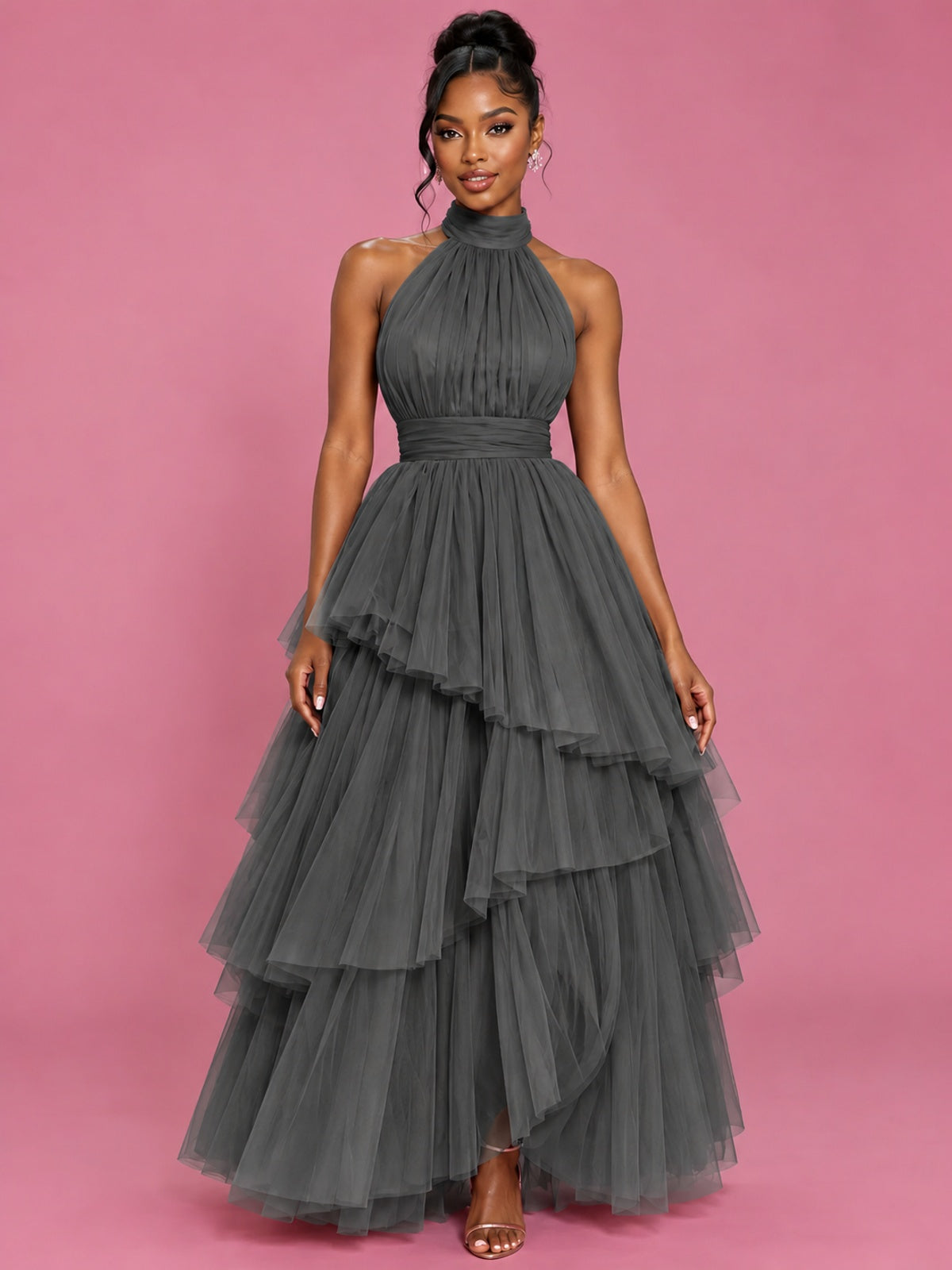 Hot Pink Tulle Halter Neck Tiered Ruffle Maxi Dress