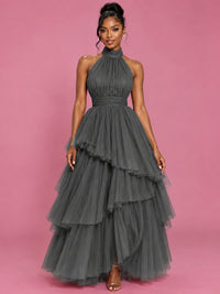 Hot Pink Tulle Halter Neck Tiered Ruffle Maxi Dress