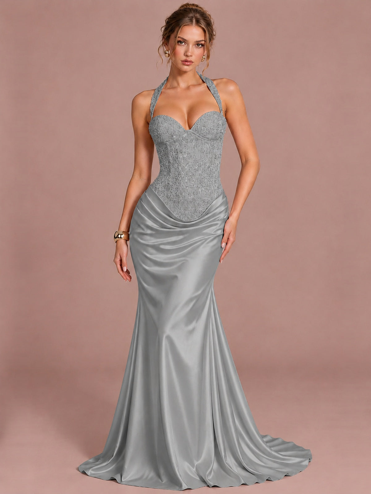 Grey Sparkling Halter Corset Satin Mermaid Prom Dress Long Ruched Sequin Formal Gown Evening Party Dress