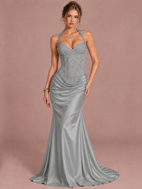 Grey Sparkling Halter Corset Satin Mermaid Prom Dress Long Ruched Sequin Formal Gown Evening Party Dress