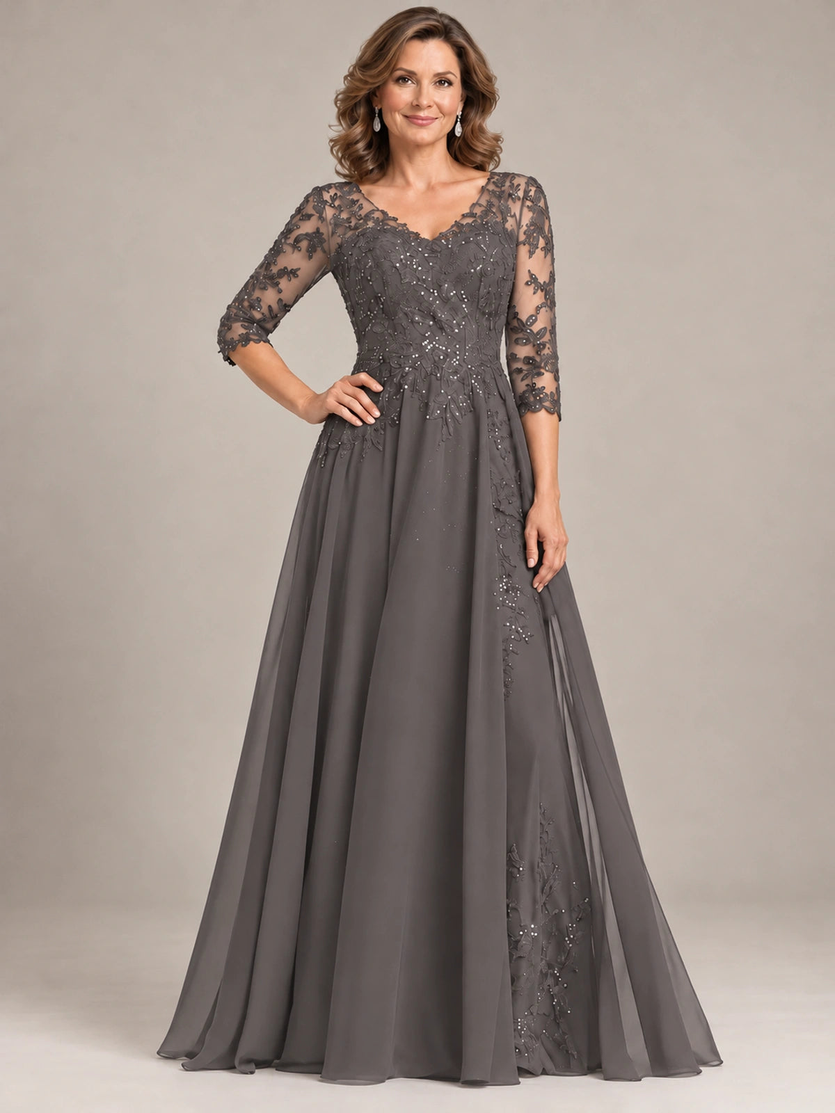 Sequin Lace A-Line Mother of the Bride Dress with 3/4 Sleeves