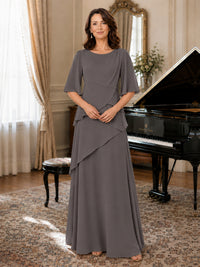 Asymmetric Draped Chiffon Mother of the Bride Dress with Flutter Sleeves
