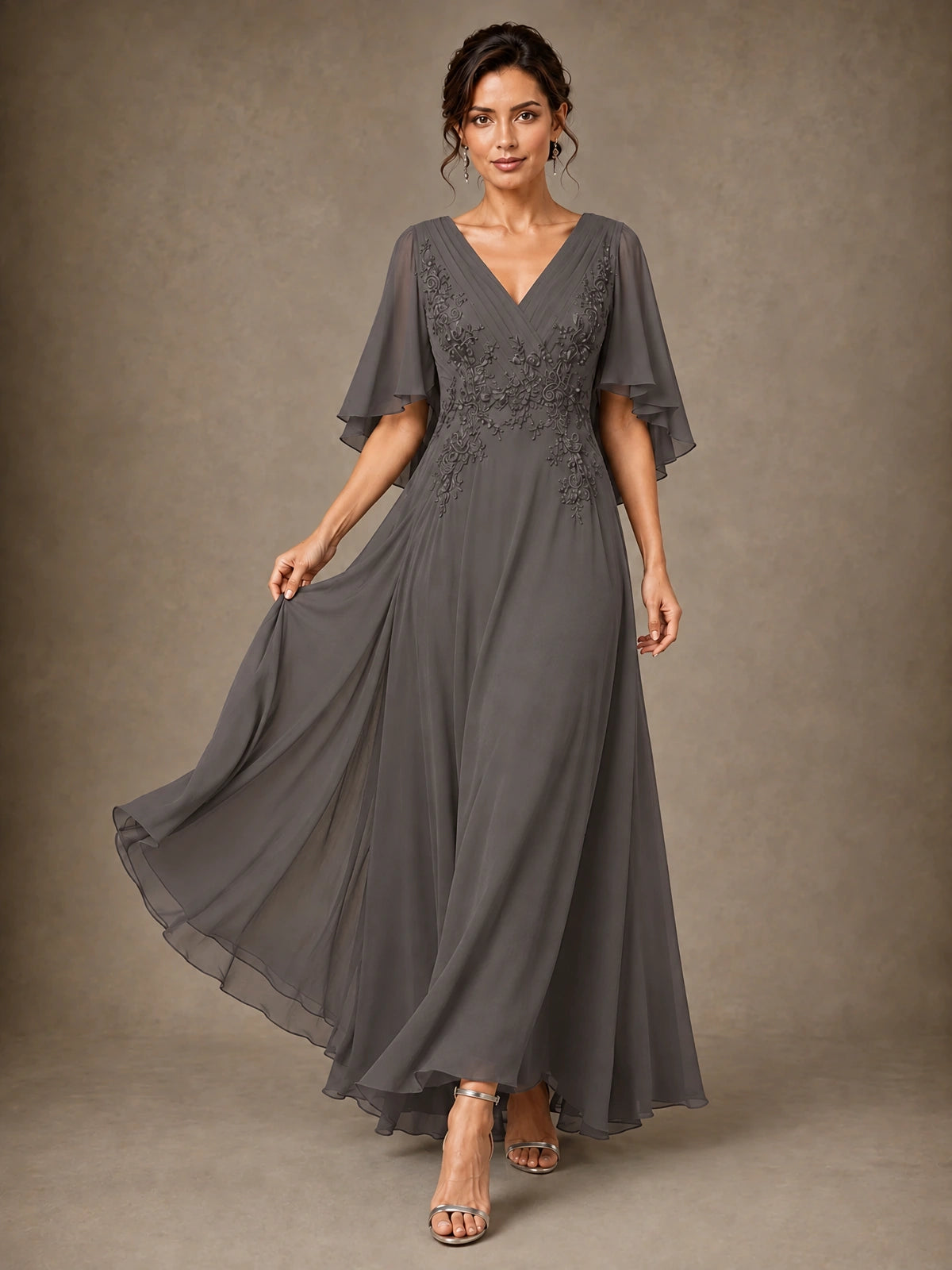 V-Neck Chiffon Lace Mother of the Bride Dress with Flutter Sleeves