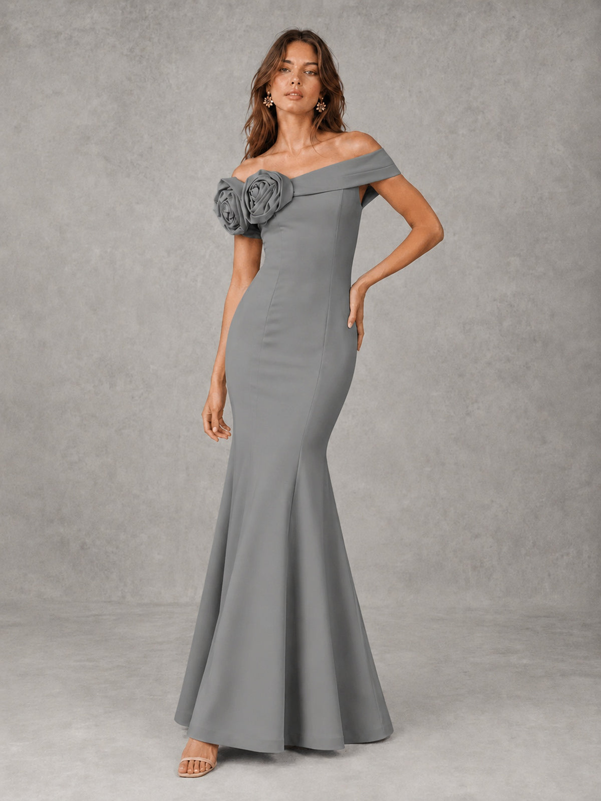 Blush Pink Off Shoulder Mermaid Bridesmaid Dress with Floral Rosette