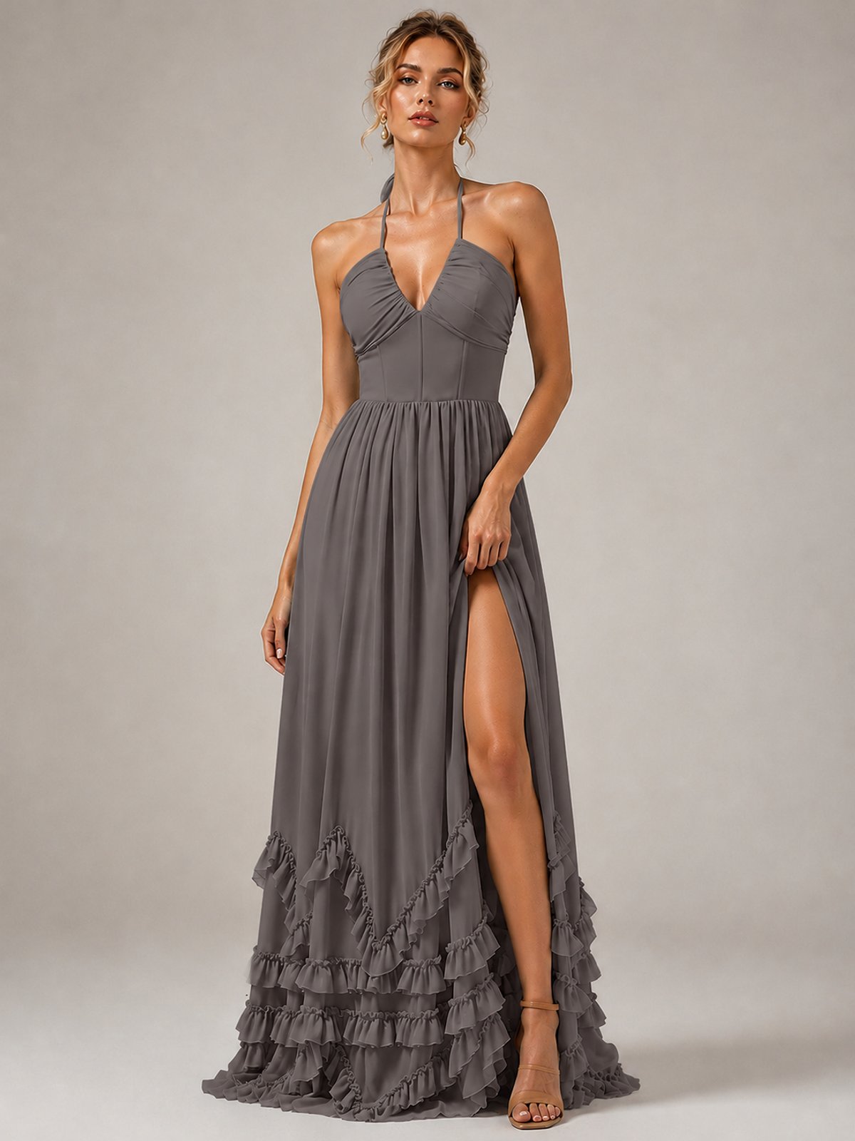 Halter V Neck Chiffon Formal Dress with Lace-Up Back and Ruffle Hem
