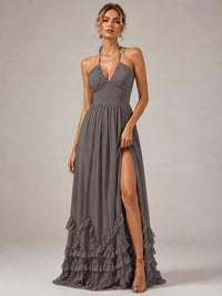 Halter V Neck Chiffon Formal Dress with Lace-Up Back and Ruffle Hem