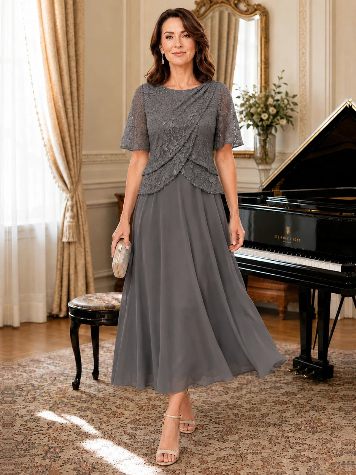 Tea-Length Chiffon Mother of the Bride Dress with Sequin Lace Sleeves