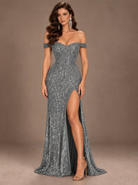 Off the Shoulder Corset Sequin Mermaid Prom Dress with Slit