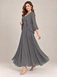Dusty Blue Floral Lace Chiffon Mother of the Bride Dress with Jacket