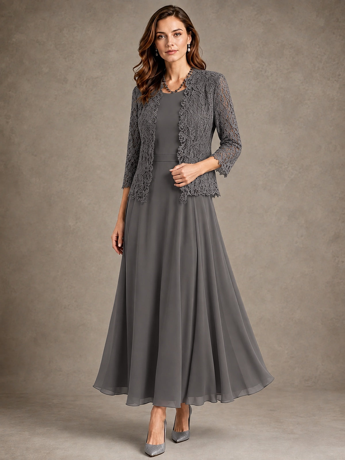 2-Piece Chiffon Mother of the Bride Dress with Lace Jacket