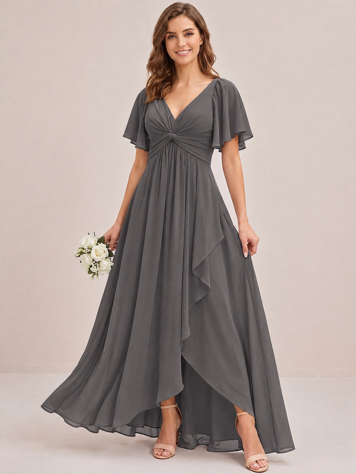 Dusty Blue Chiffon Bridesmaid Dress with Flutter Sleeves & High-Low Hem