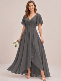 Dusty Blue Chiffon Bridesmaid Dress with Flutter Sleeves & High-Low Hem