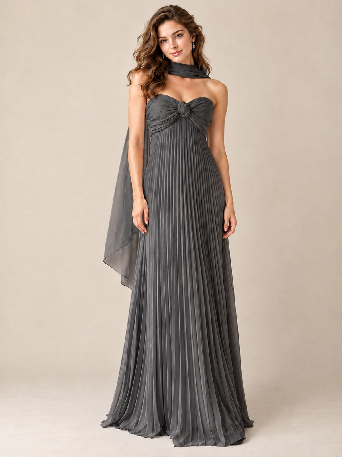 Sweetheart Neckline Pleated Prom Dress Strapless A-line Formal Dress with Flowy Scarf