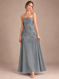 Grey Strapless 3D Floral Appliques Maxi Dress