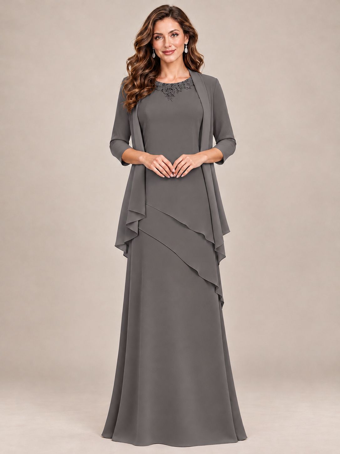 Dusty Blue Two-Piece Chiffon Mother of the Bride Dress with Jacket