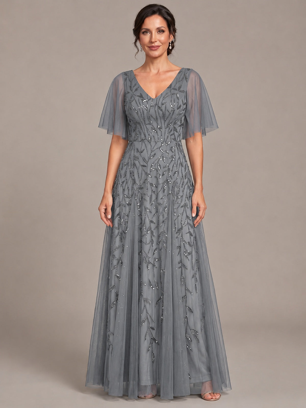 Grey V-Neck Sequin Tulle Mother of the Bride Dress with Flutter Sleeve A-line Evening Formal Wedding Guest Dress