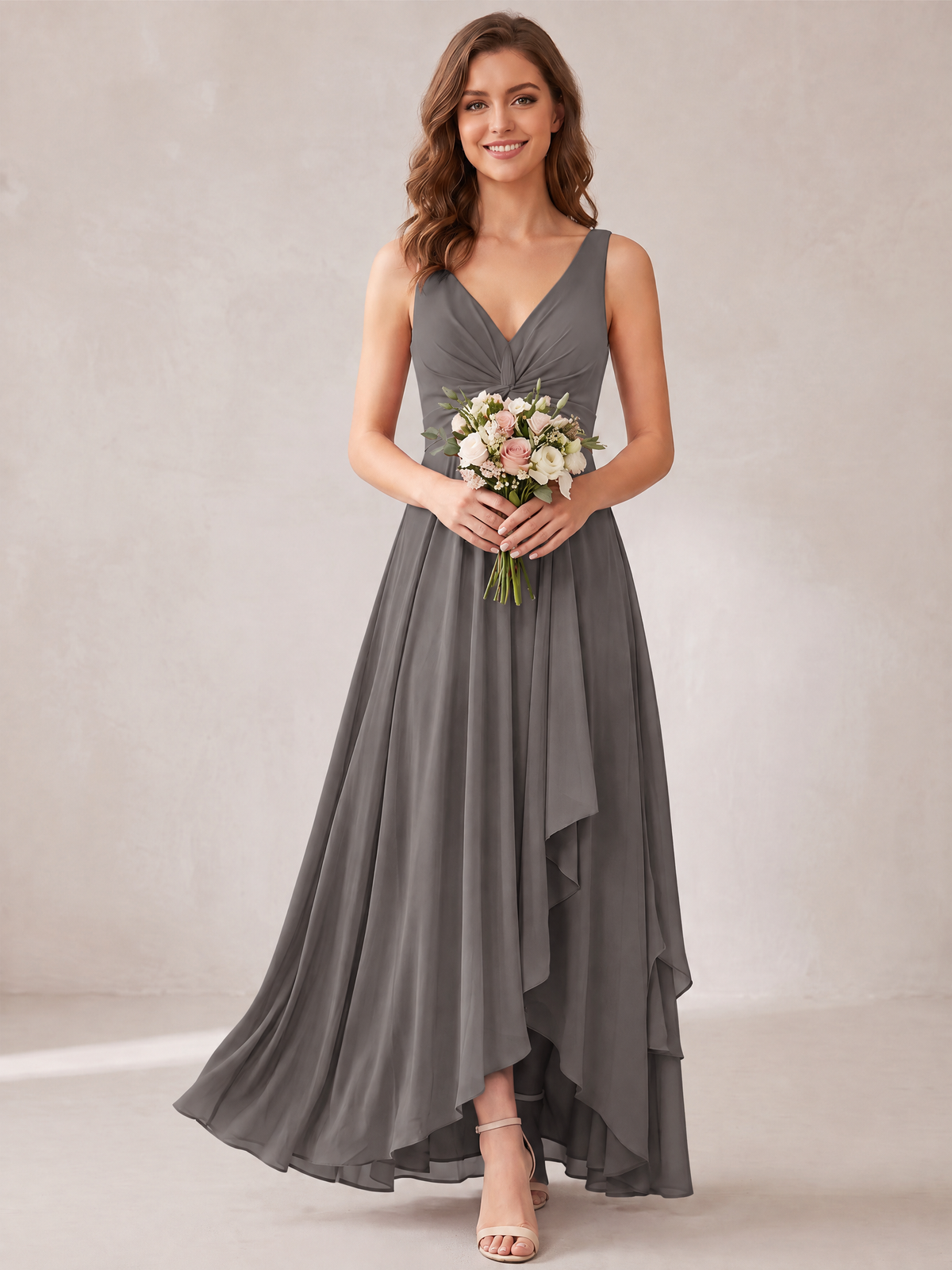 V-Neck High-Low Chiffon Bridesmaid Dress with Ruffles