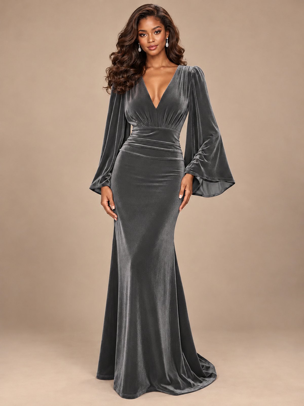 Burgundy Velvet Deep V-Neck Ruched Long Sleeve Maxi Dress