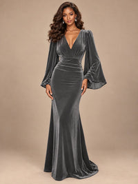 Burgundy Velvet Deep V-Neck Ruched Long Sleeve Maxi Dress