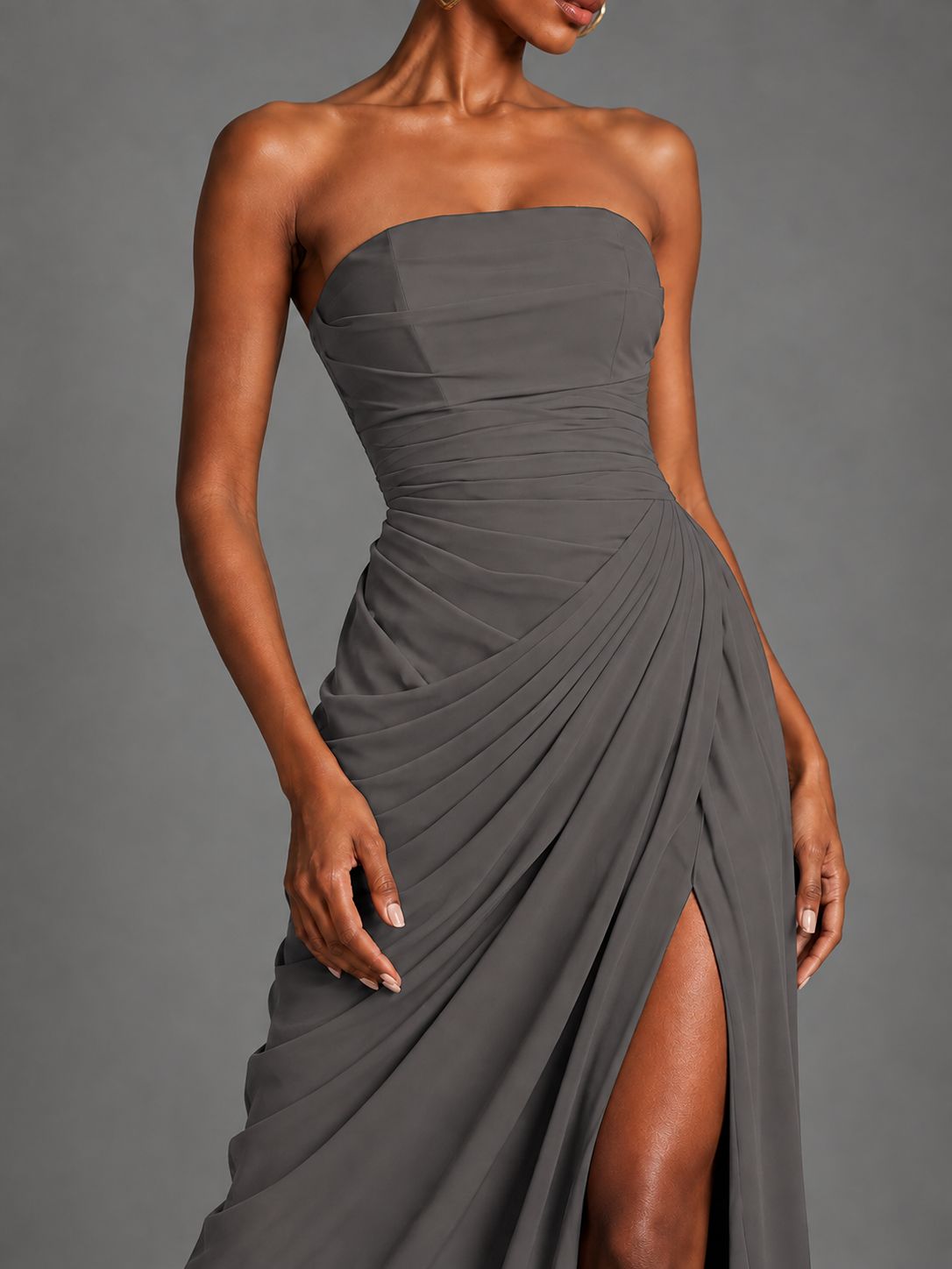 Strapless Bodycon Pleated Chiffon Formal Dress with Slit