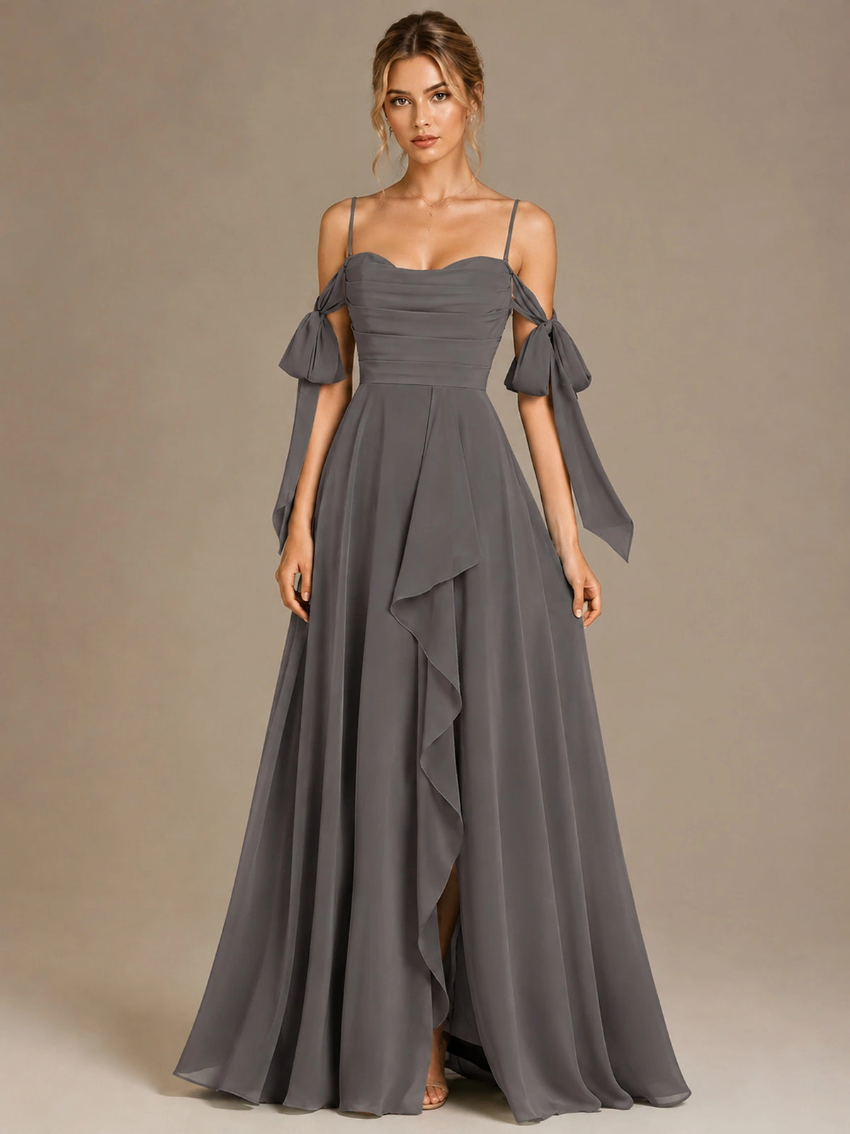 A-Line Ruffles Chiffon Bridesmaid Dress with Slit