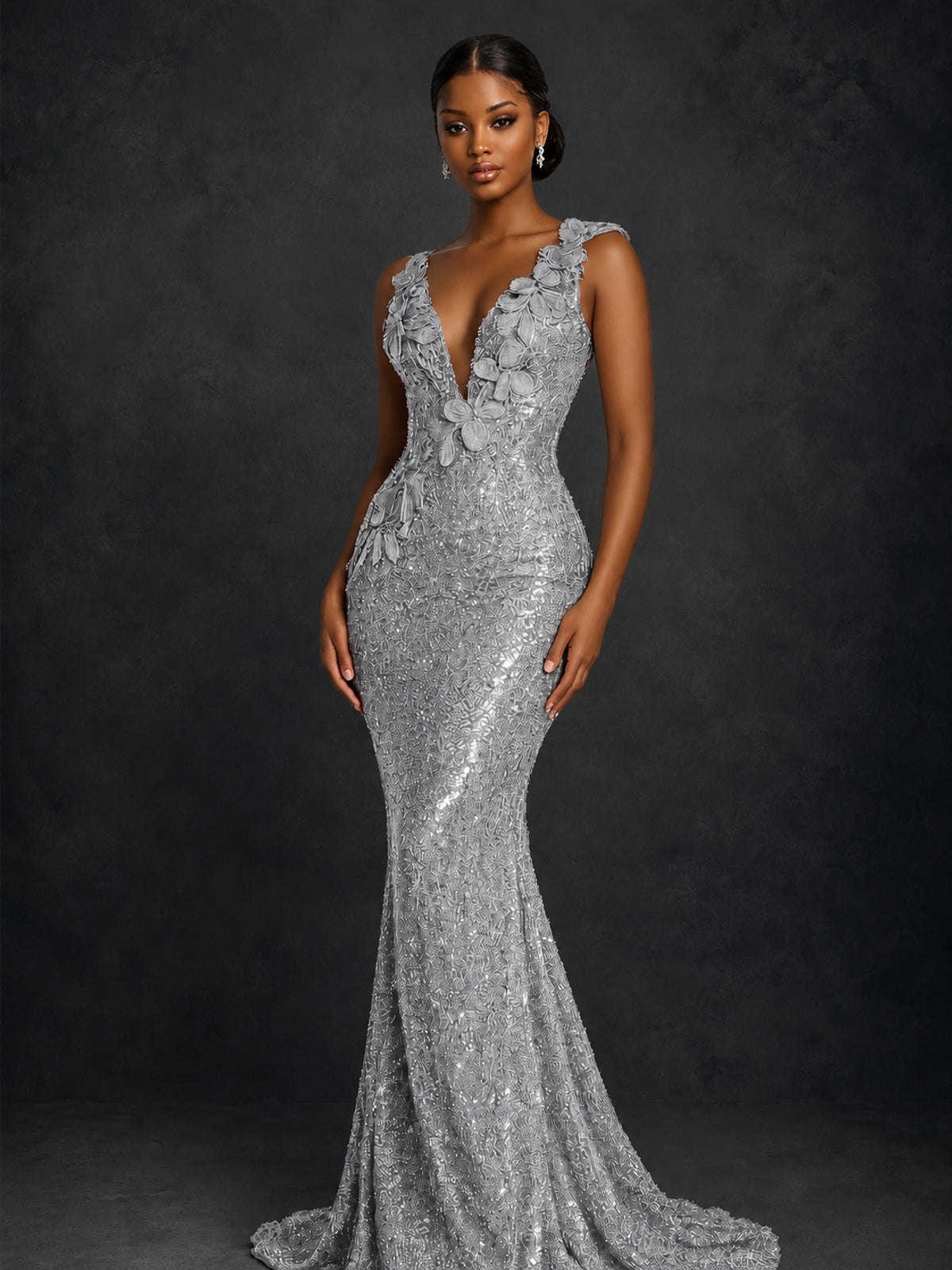 Gold Sequin Floral Applique Mermaid Prom Dress