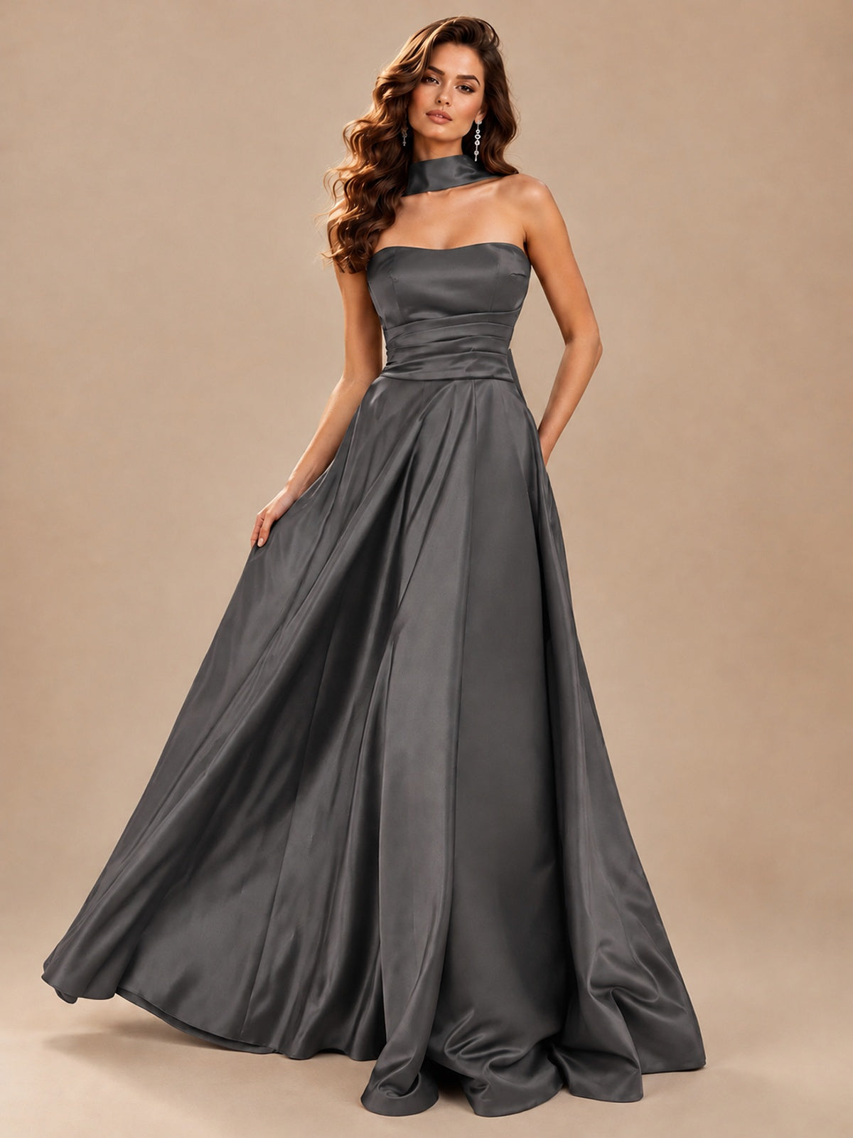 Strapless Prom Dress Side High Slit A-line Formal Dress with Scarf