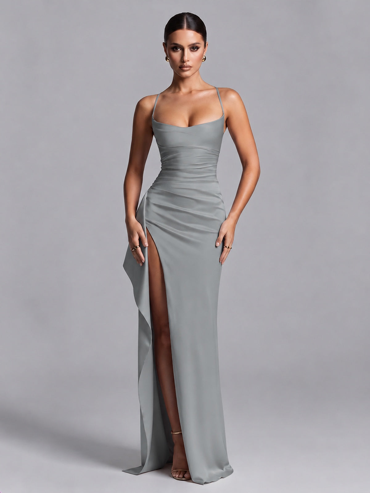 Grey Squre Neck Pleated Satin Prom Dresses for Teens Women Long Evening Formal Gown with Slit Ruffles