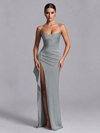 Grey Squre Neck Pleated Satin Prom Dresses for Teens Women Long Evening Formal Gown with Slit Ruffles
