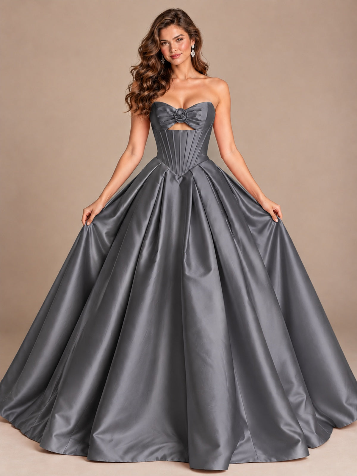 Pink Strapless Corset Satin Prom Derss & Ball Gown with 3D Floral