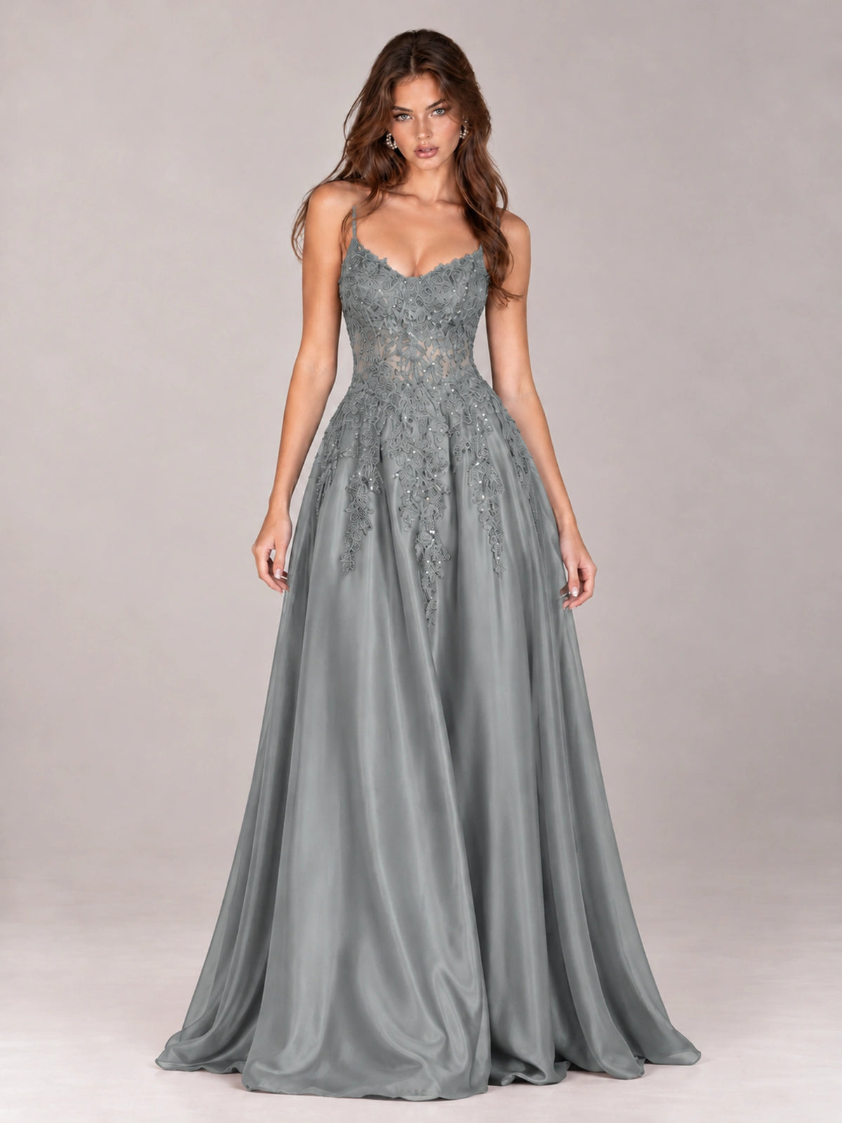 Lace Applique Satin A-Line Prom Dress with Sheer Bodice