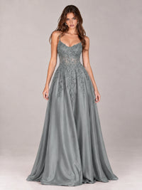 Lace Applique Satin A-Line Prom Dress with Sheer Bodice