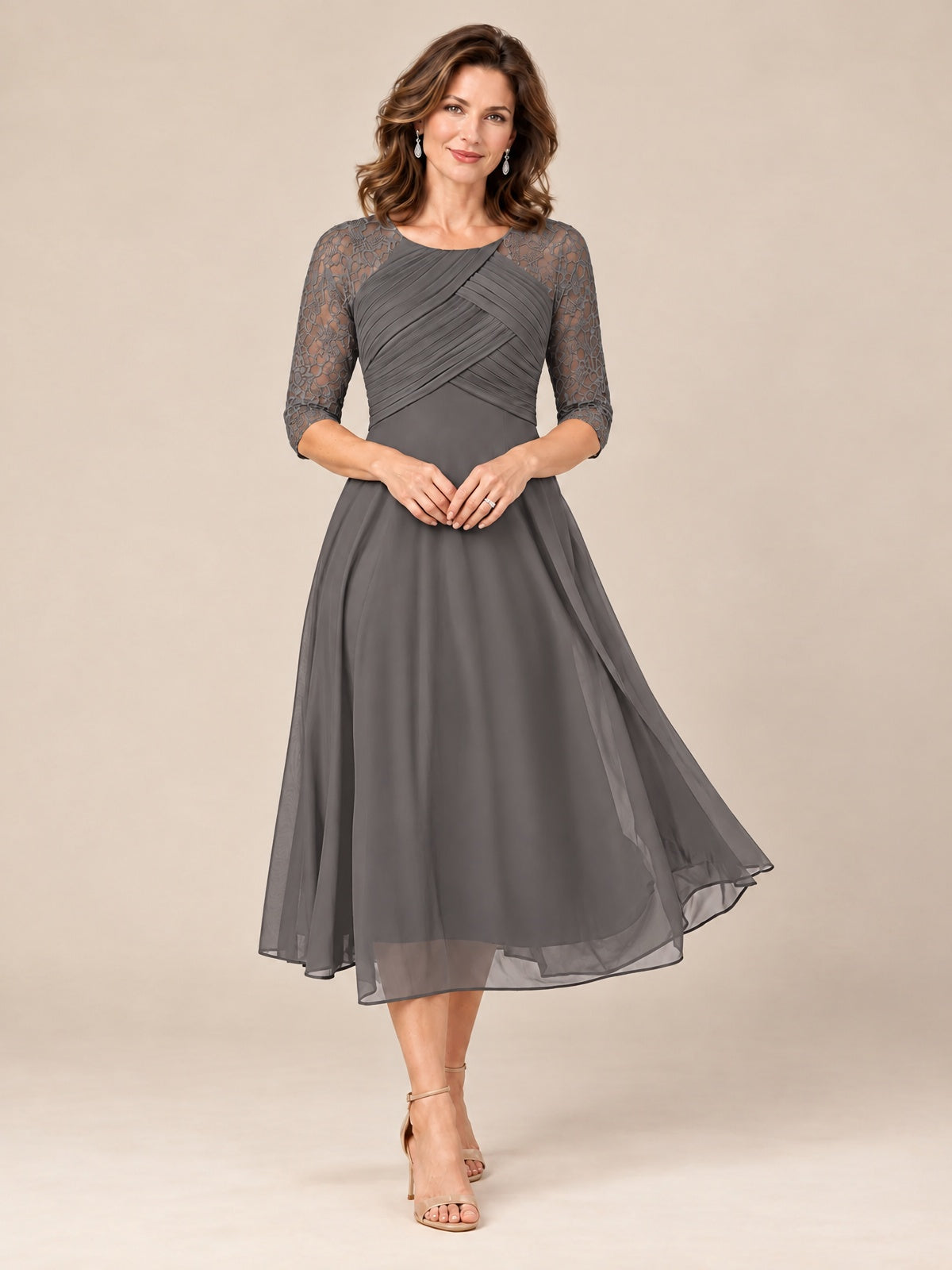 Grey-Lace Applique Pleated Tea Length Mother of The Bride Dresses