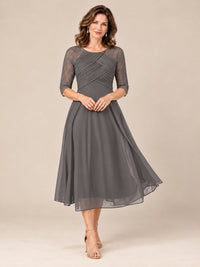Grey-Lace Applique Pleated Tea Length Mother of The Bride Dresses
