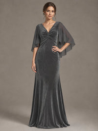Navy Blue Velvet V Neck Mermaid Formal Dress with Flutter Cape Sleeves