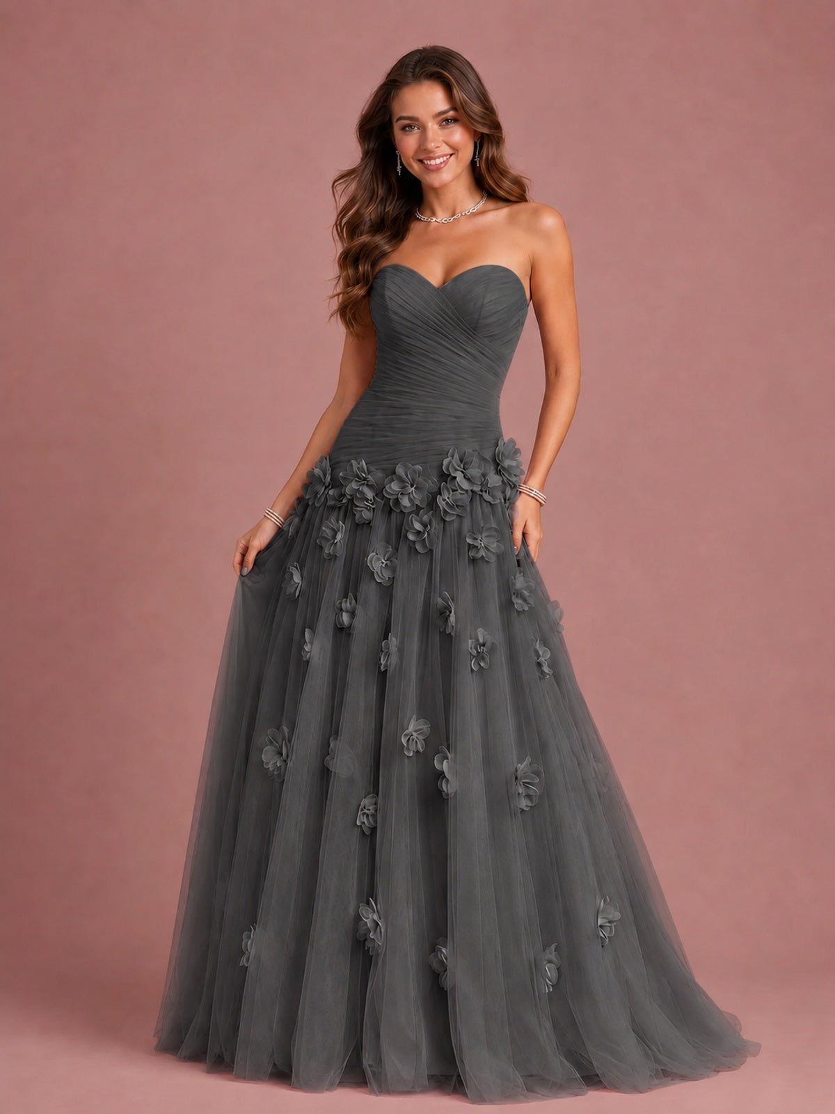 Blush Pink Strapless Sweetheart 3D Floral Tulle Ball Gown Prom Dres