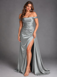 Off Shoulder Satin Maxi Dress with Slit