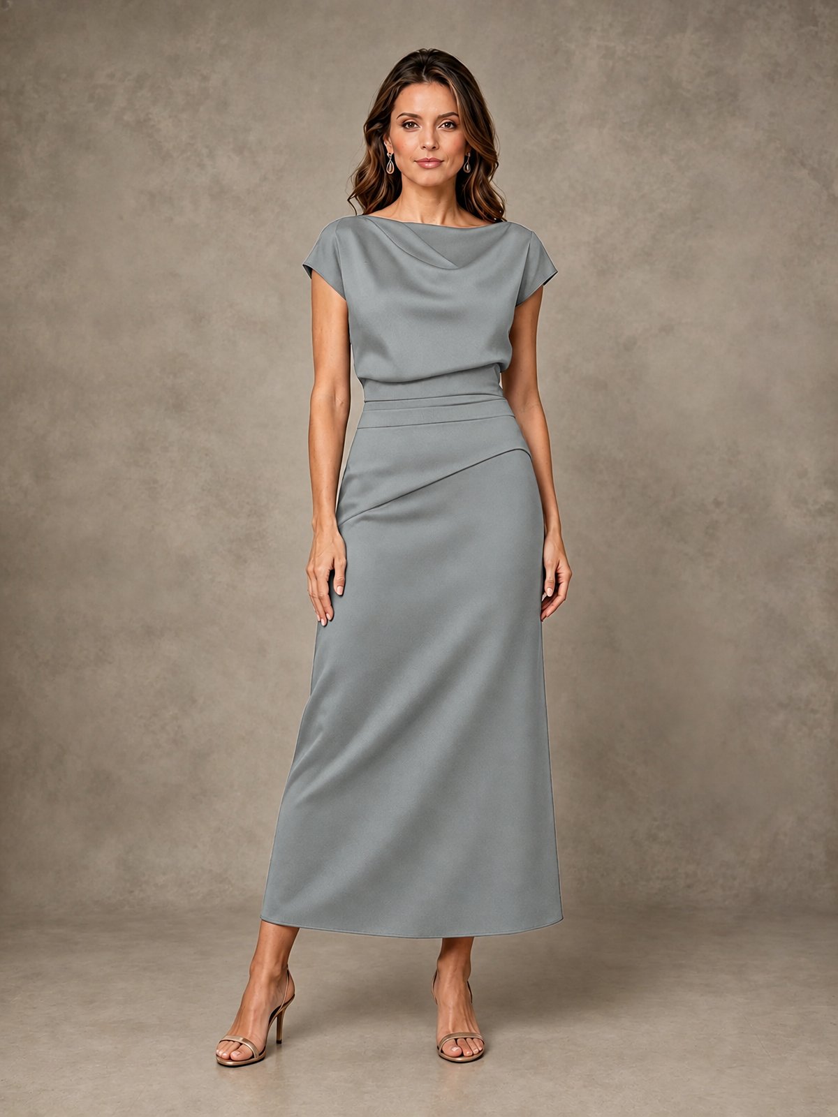 Cowl Neck Satin Mother of the Bride Dress with Ruched Waist