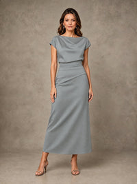 Cowl Neck Satin Mother of the Bride Dress with Ruched Waist