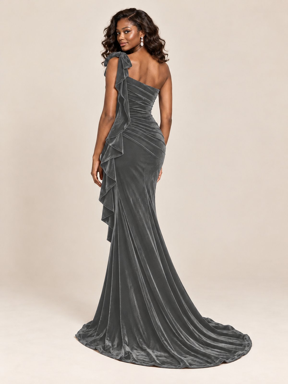 Black Velvet One-Shoulder Mermaid Evening Gown with Bow & Ruffles
