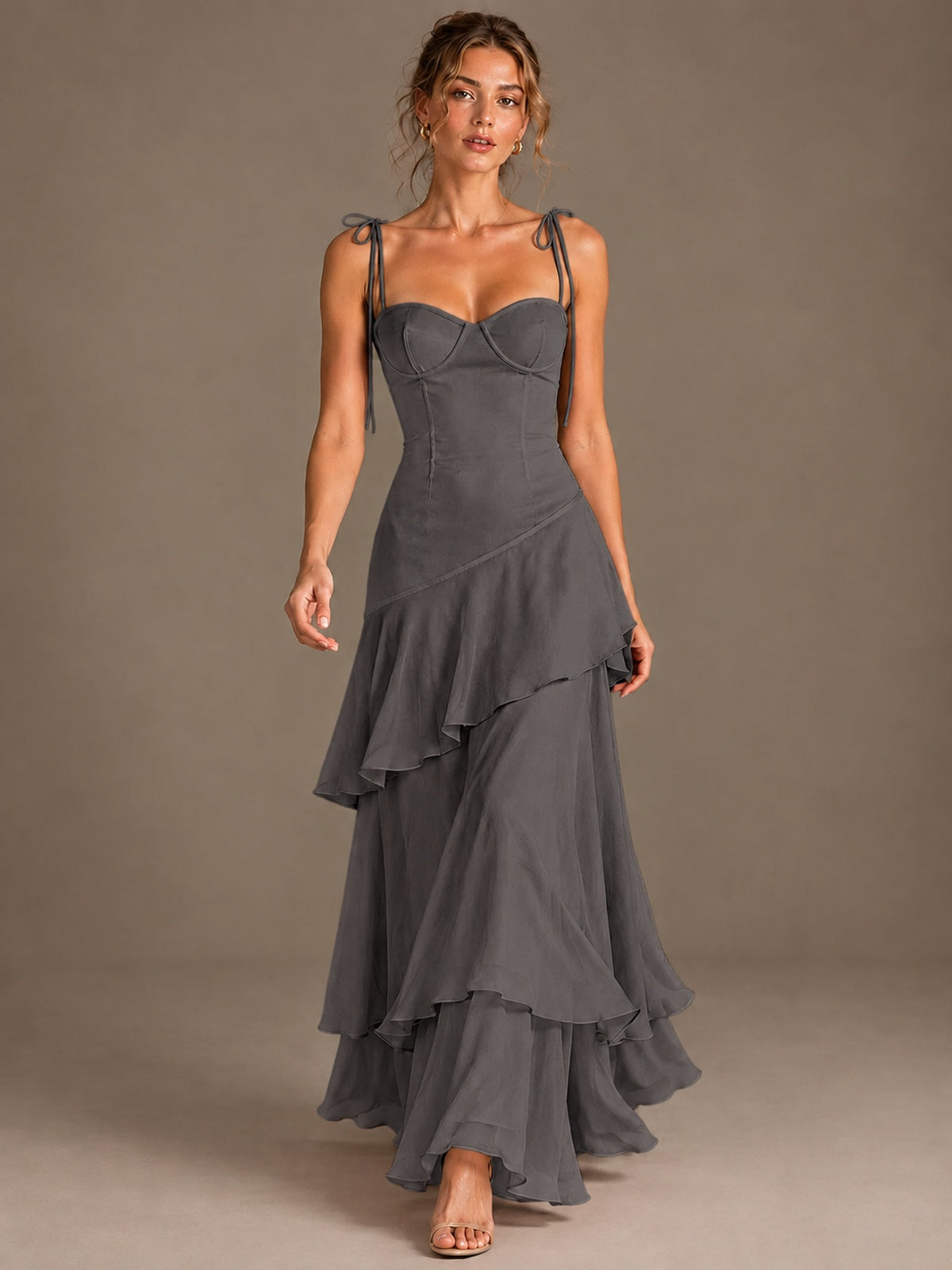 Spaghetti Strap Tiered Ruffles Chiffon Prom Dress
