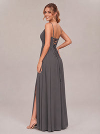 V-Neck Pleated Chiffon Long Bridesmaid Dress with Slit