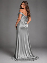 Off Shoulder Satin Maxi Dress with Slit