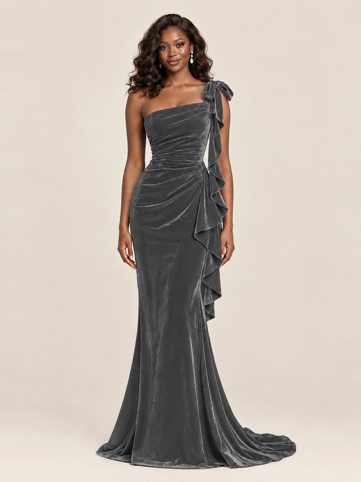 Black Velvet One-Shoulder Mermaid Evening Gown with Bow & Ruffles